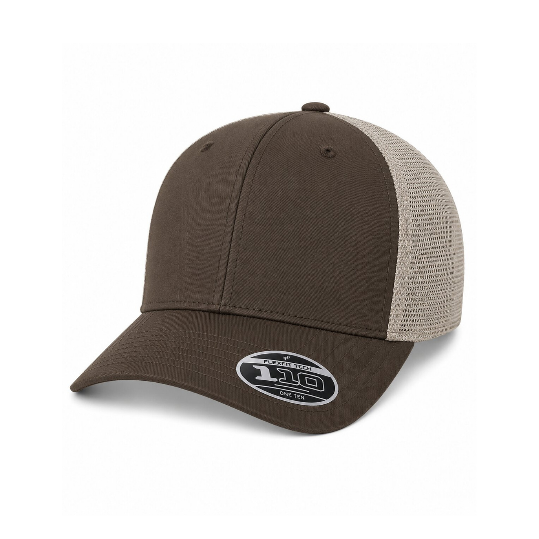 Flexfit 110M Custom Patch Trucker Hat – Mesh Back Snapback in Brown/Khaki