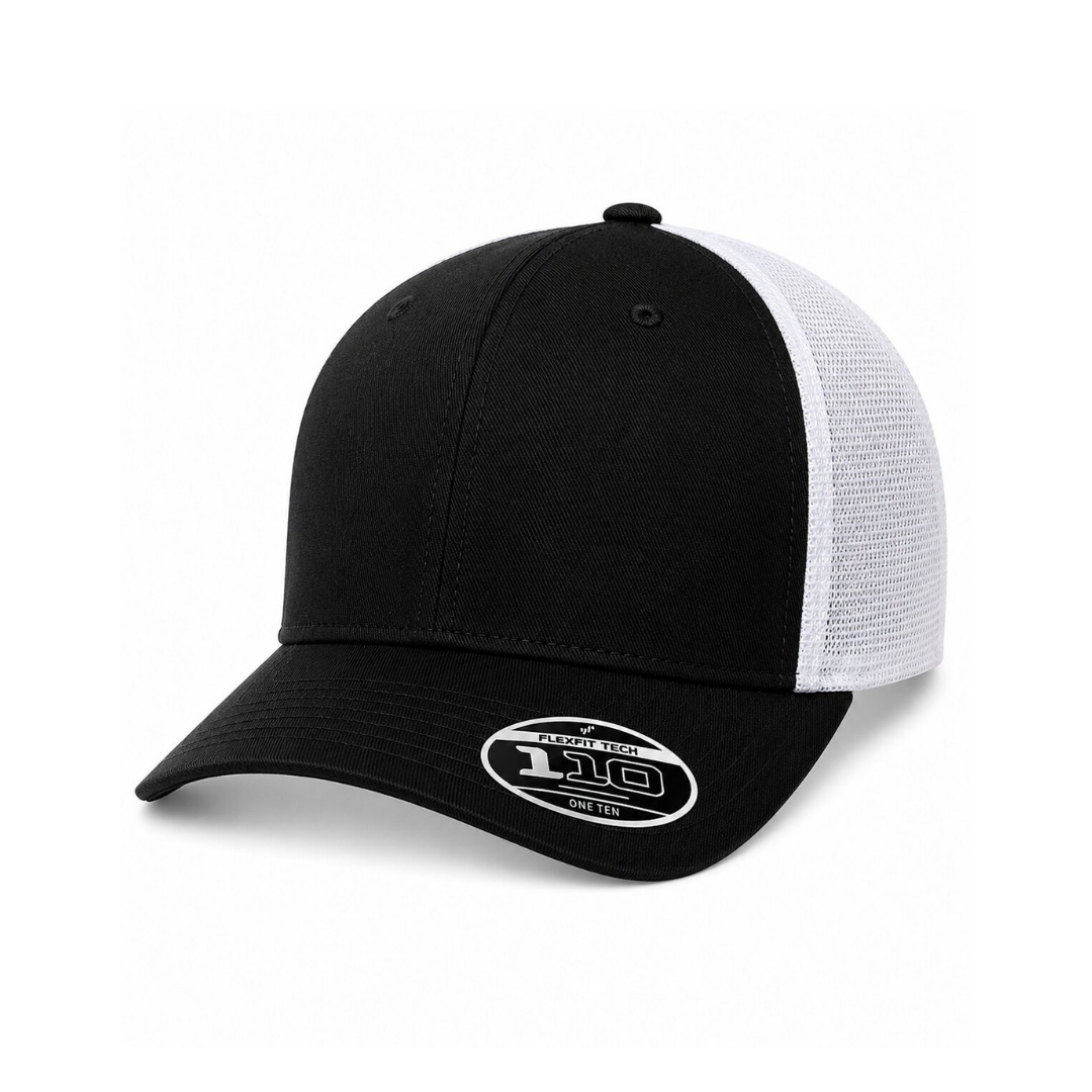 Flexfit 110M Custom Patch Trucker Hat – Mesh Back Snapback in Black/White