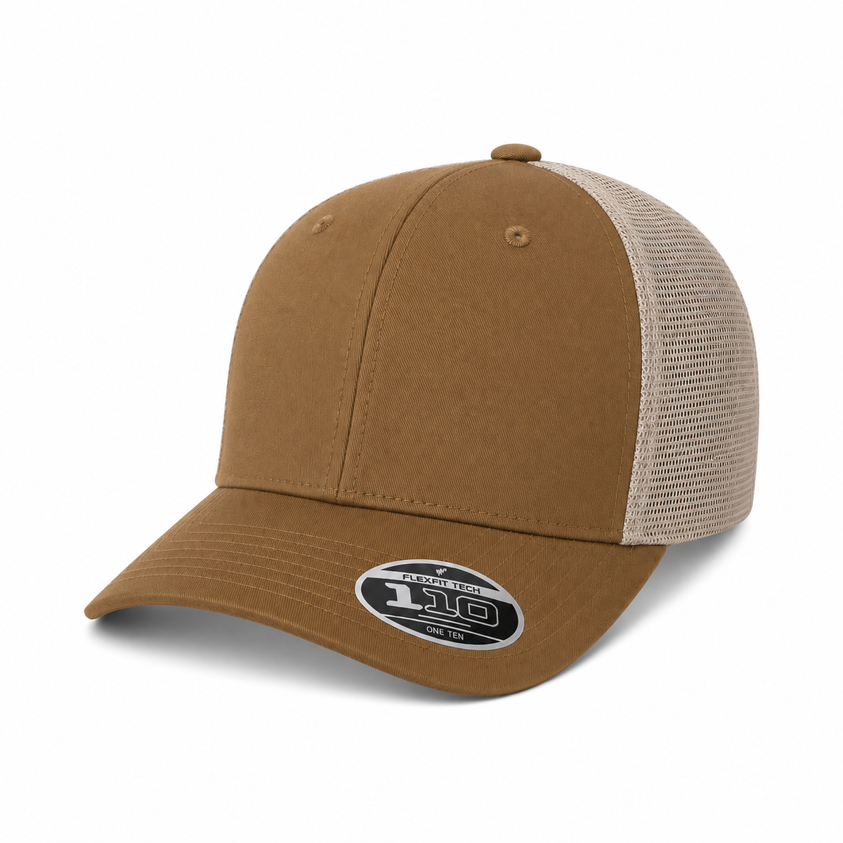 Flexfit 110M Custom Patch Trucker Hat – Mesh Back Snapback in Caramel/Khaki