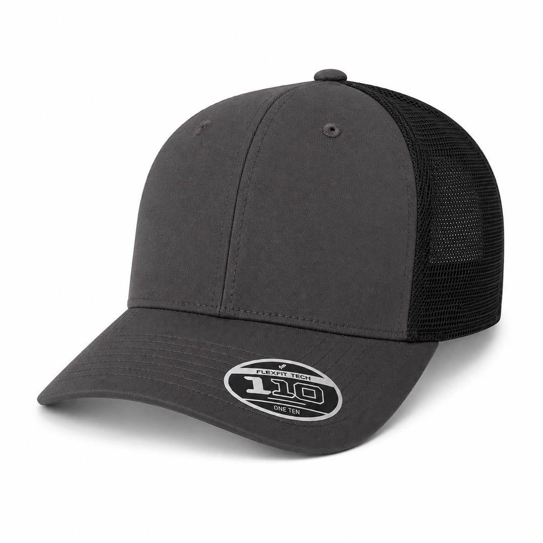 Flexfit 110M Custom Patch Trucker Hat – Mesh Back Snapback in Charcoal/Black - view 2