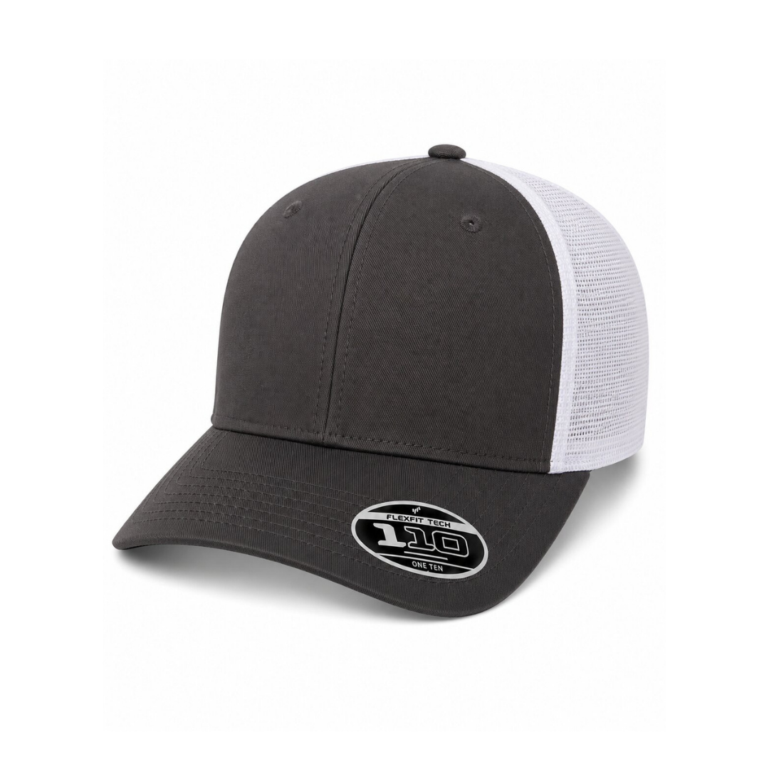 Flexfit 110M Custom Patch Trucker Hat – Mesh Back Snapback in Charcoal/White