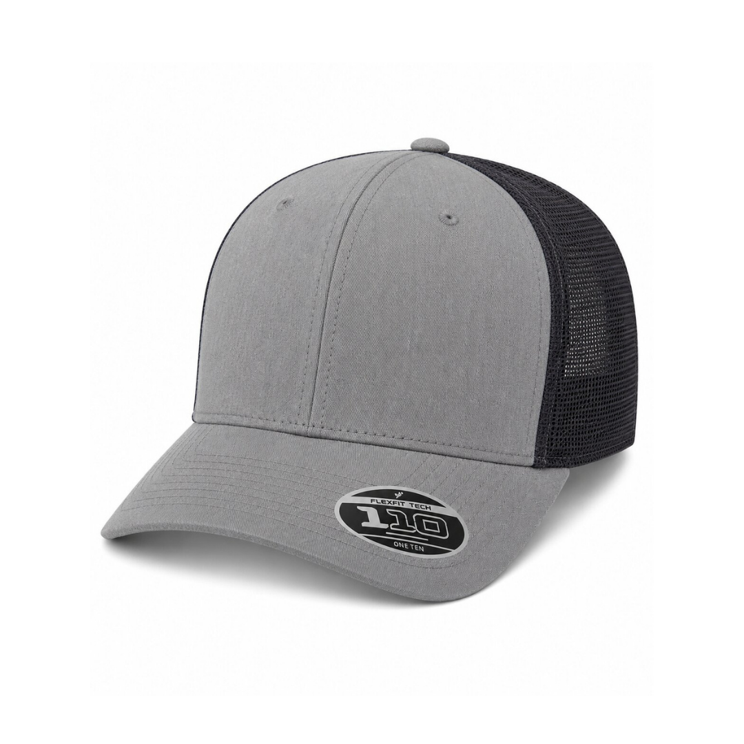 Flexfit 110M Custom Patch Trucker Hat – Mesh Back Snapback in Heather Gray/Black