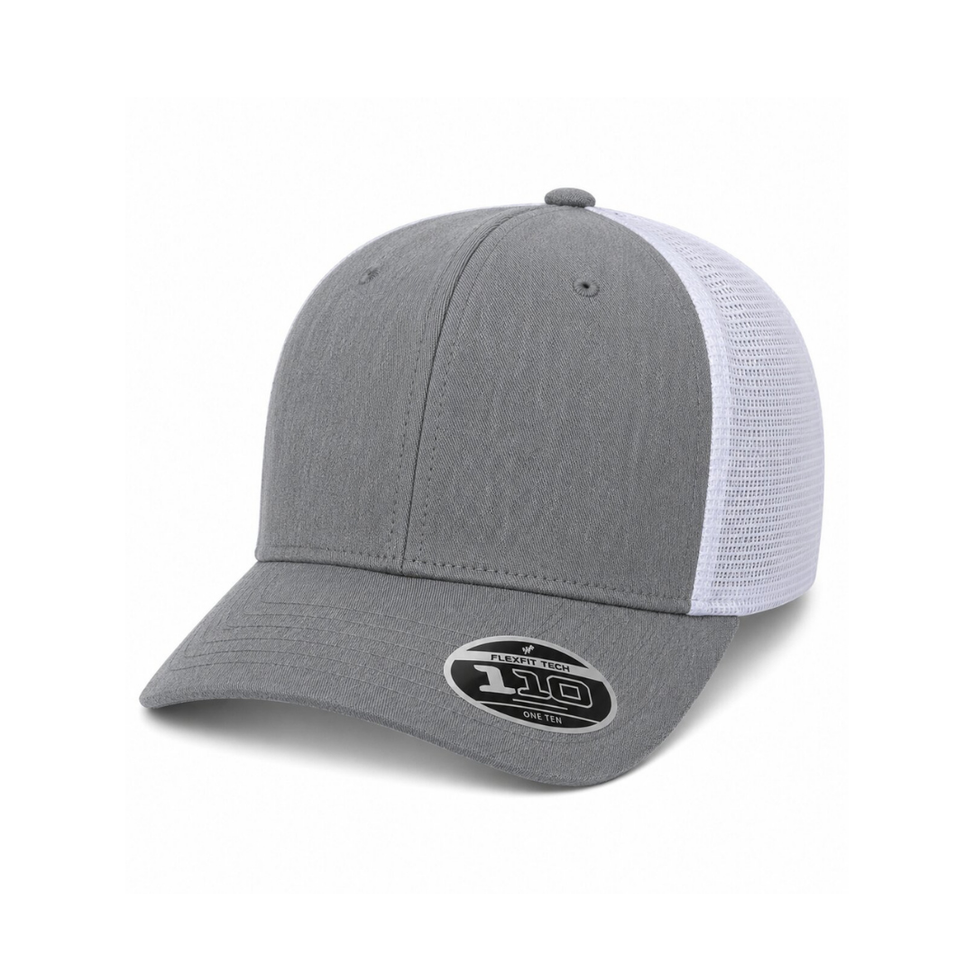 Flexfit 110M Custom Patch Trucker Hat – Mesh Back Snapback in Heather Gray/White
