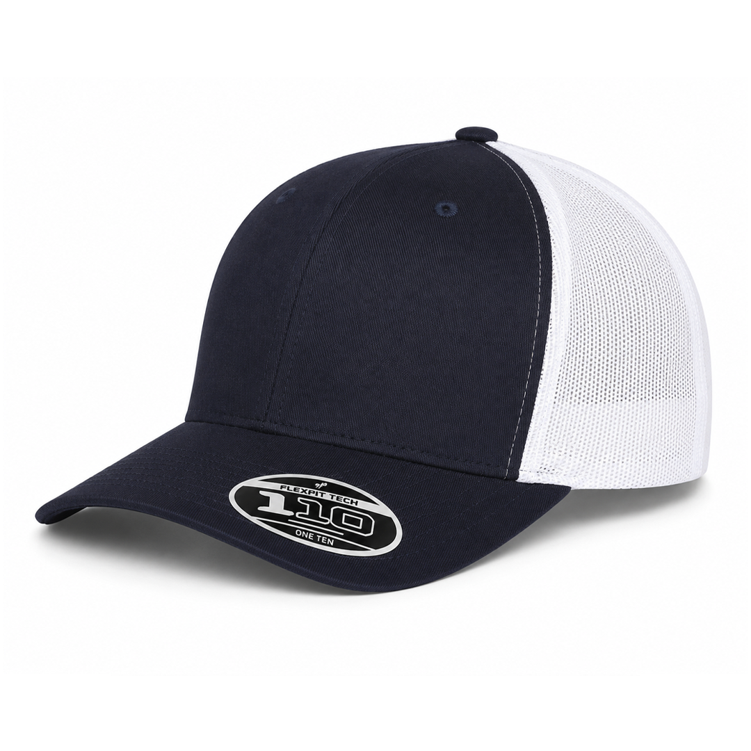 Flexfit 110M Custom Patch Trucker Hat – Mesh Back Snapback in Navy/White