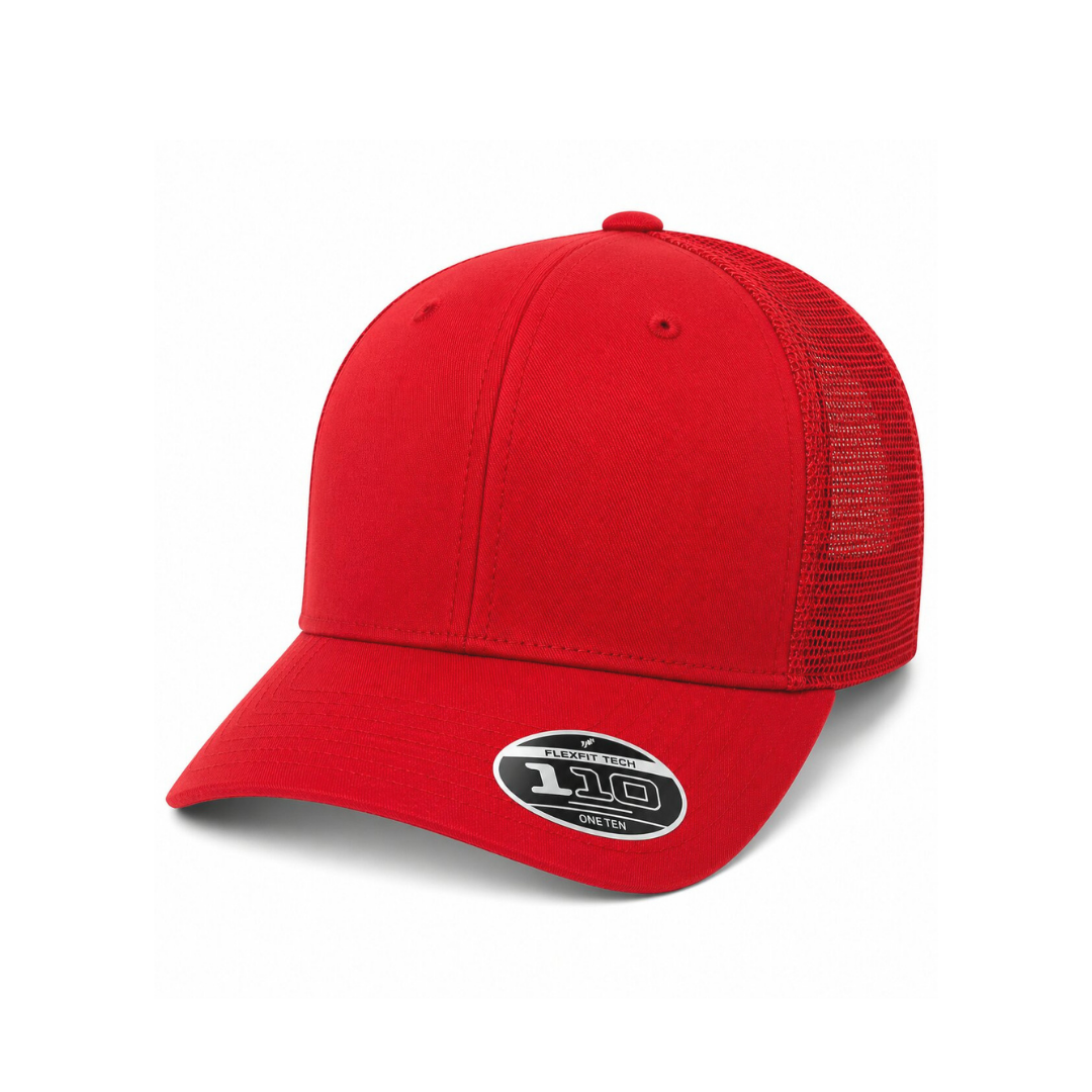Flexfit 110M Custom Patch Trucker Hat – Mesh Back Snapback in Red