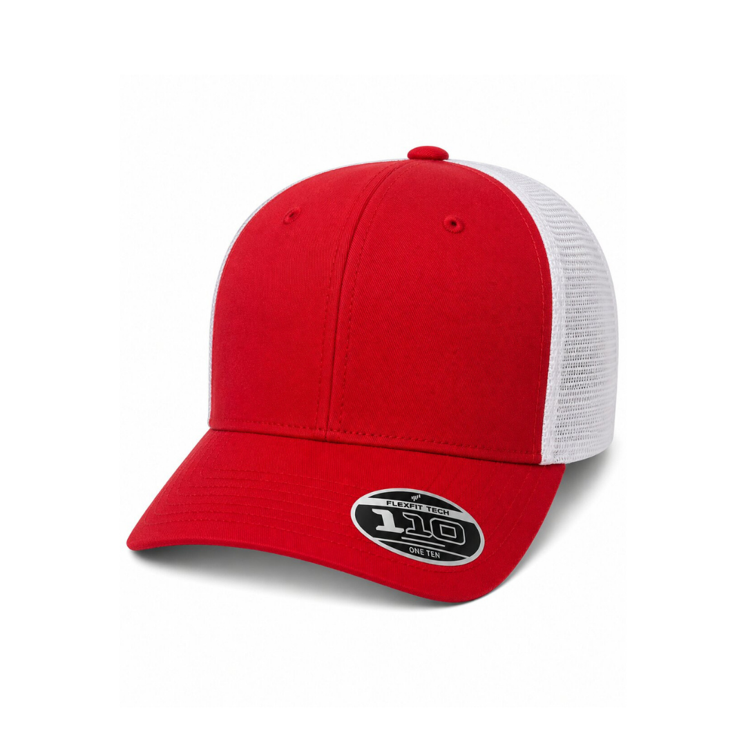 Flexfit 110M Custom Patch Trucker Hat – Mesh Back Snapback in Red/White