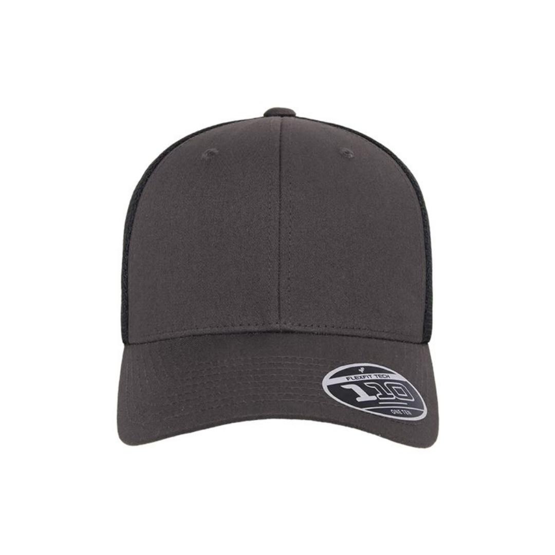 Flexfit 110M Custom Patch Trucker Hat – Mesh Back Snapback in Charcoal/Black