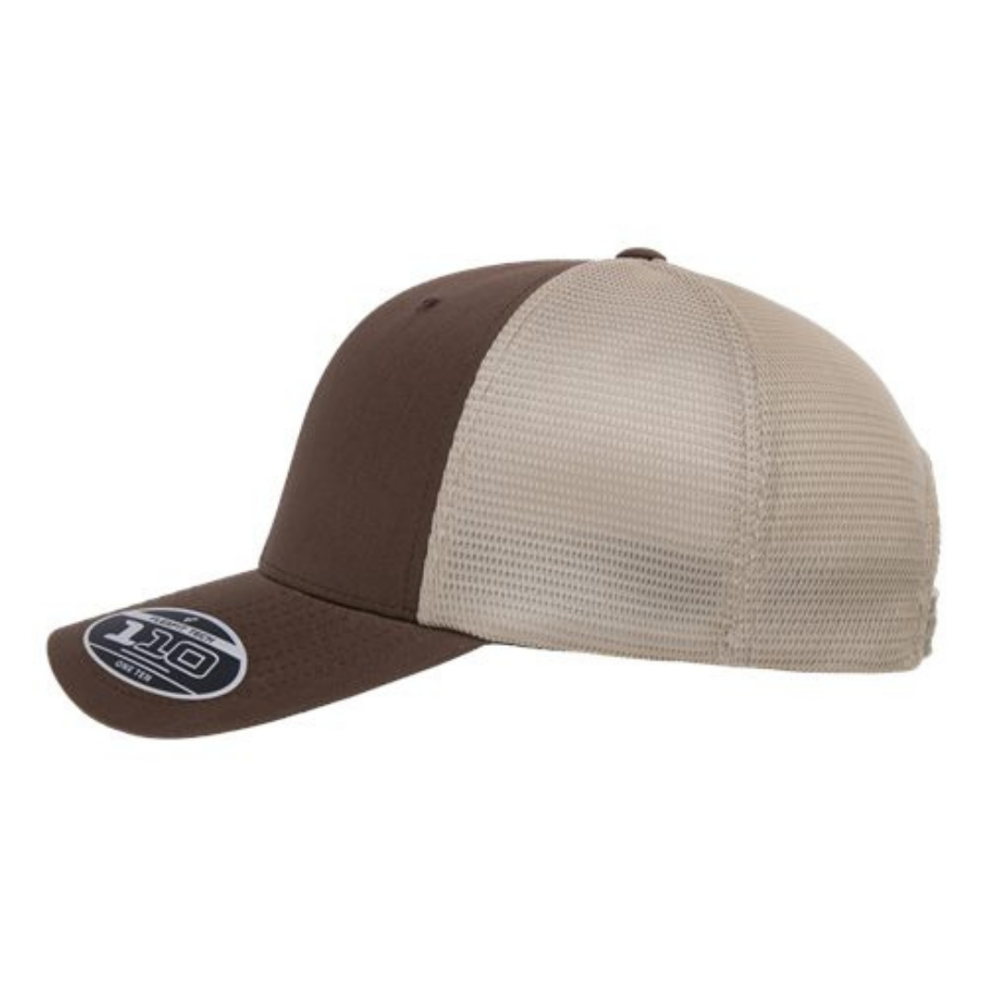 Flexfit 110M Custom Patch Trucker Hat – Mesh Back Snapback in Brown/Khaki - view 3