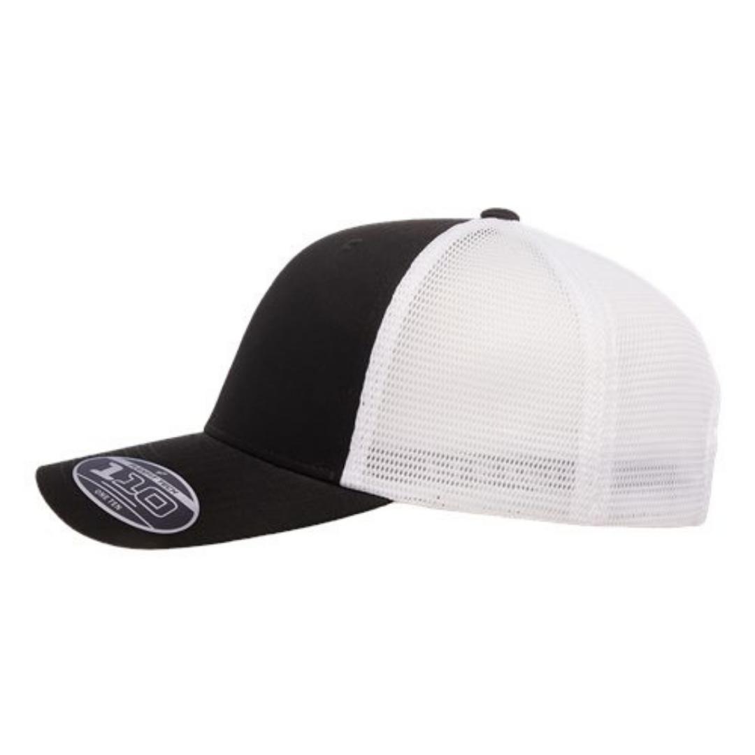 Flexfit 110M Custom Patch Trucker Hat – Mesh Back Snapback in Black/White - view 3