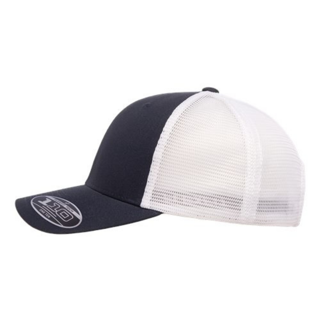 Flexfit 110M Custom Patch Trucker Hat – Mesh Back Snapback in Navy/White - view 3