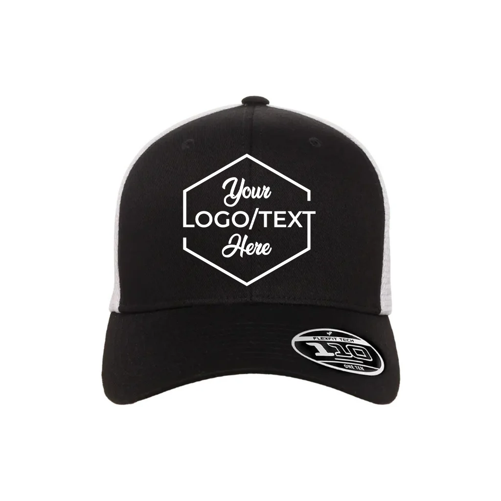 Flexfit 110M Custom Patch Trucker Hat – Mesh Back Snapback in Black/White - view 5