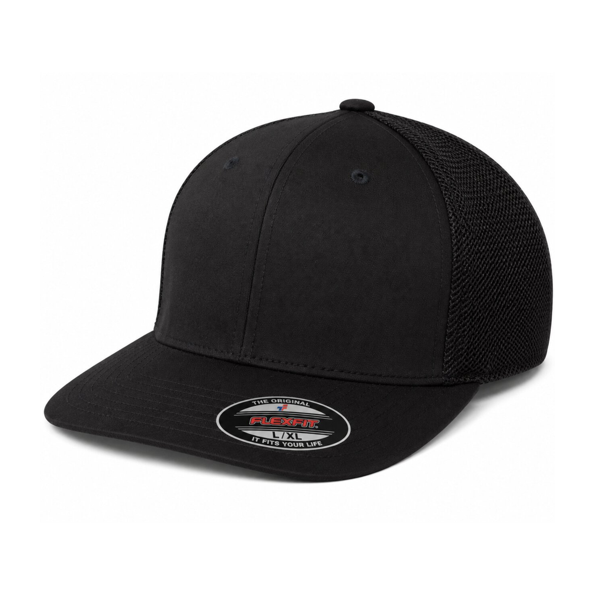 Flexfit 6511 Custom Patch Fitted Trucker Hat – Stretch-Fit Mesh Back in Black