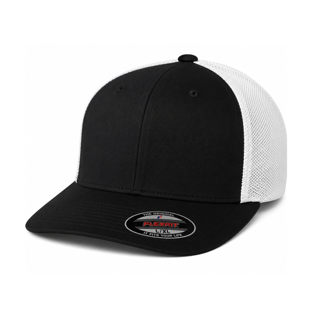 Flexfit 6511 Custom Patch Fitted Trucker Hat – Stretch-Fit Mesh Back in Black/White