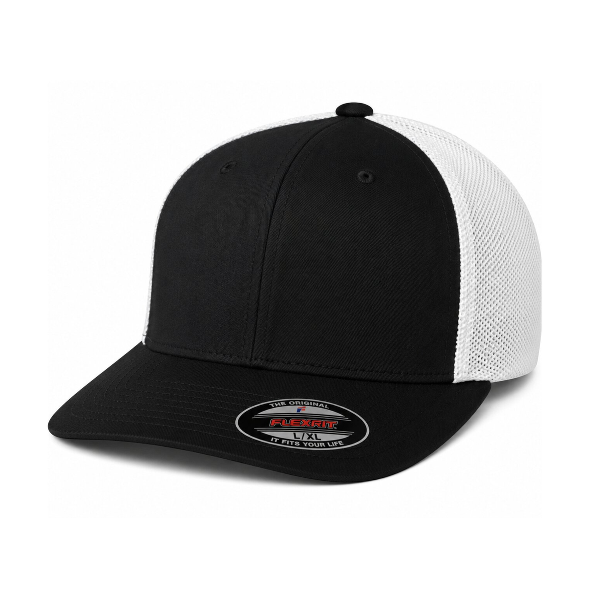Flexfit 6511 Custom Patch Fitted Trucker Hat – Stretch-Fit Mesh Back in Black/White