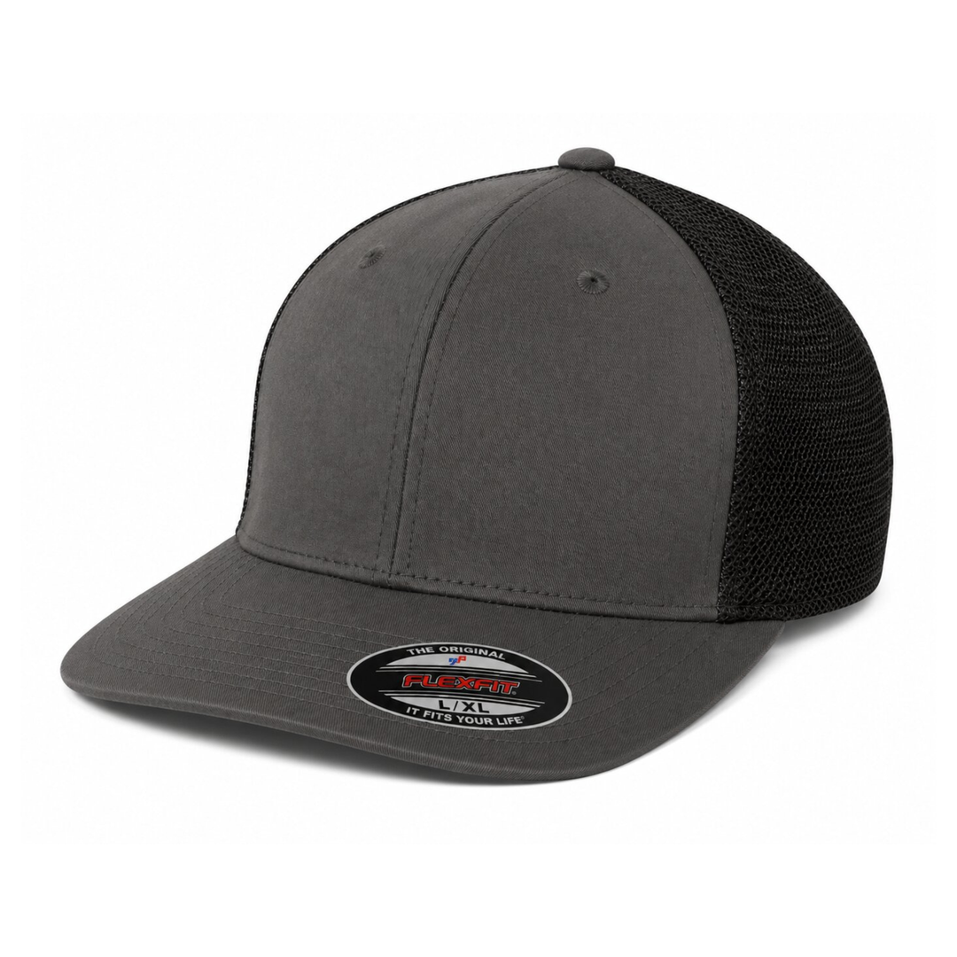 Flexfit 6511 Custom Patch Fitted Trucker Hat – Stretch-Fit Mesh Back in Charcoal Black