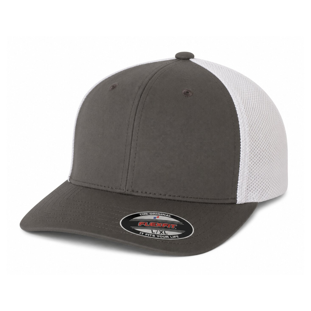Flexfit 6511 Custom Patch Fitted Trucker Hat – Stretch-Fit Mesh Back in Charcoal/White