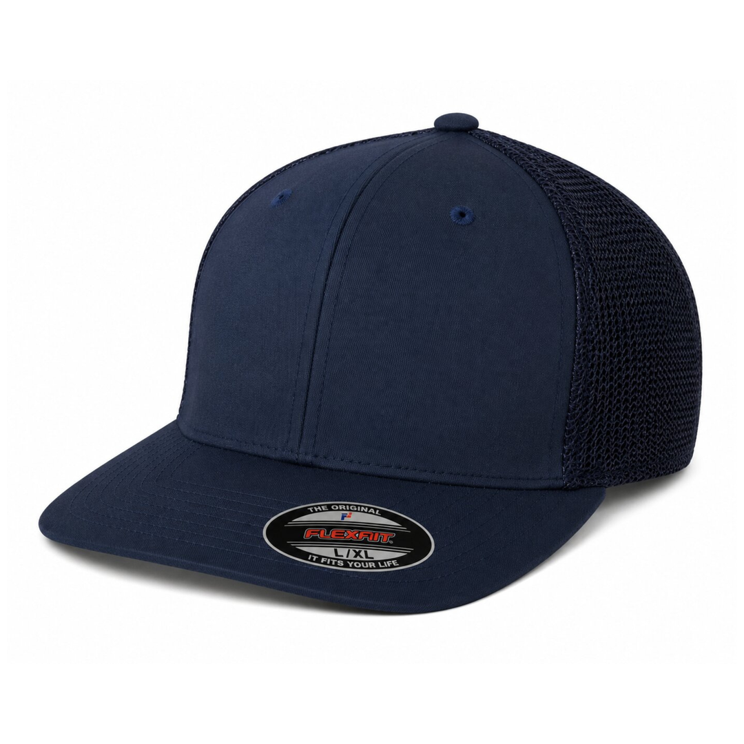 Flexfit 6511 Custom Patch Fitted Trucker Hat – Stretch-Fit Mesh Back in Navy