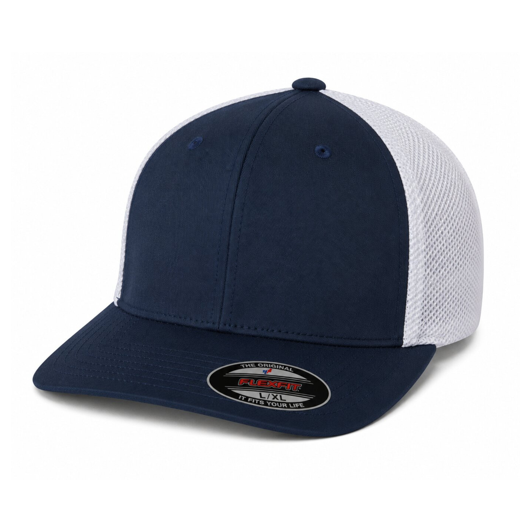 Flexfit 6511 Custom Patch Fitted Trucker Hat – Stretch-Fit Mesh Back in Navy/White