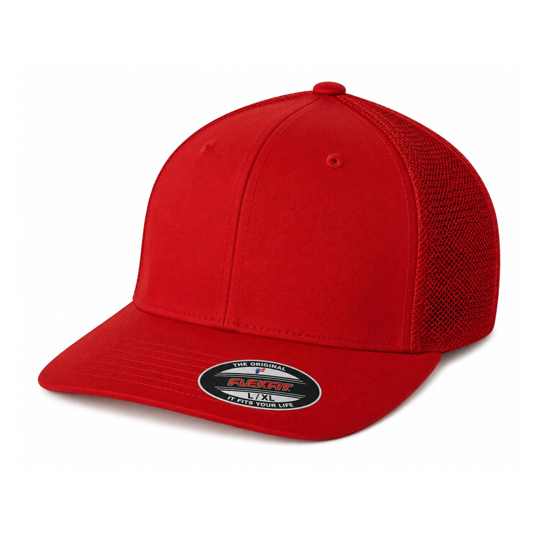 Flexfit 6511 Custom Patch Fitted Trucker Hat – Stretch-Fit Mesh Back in Red