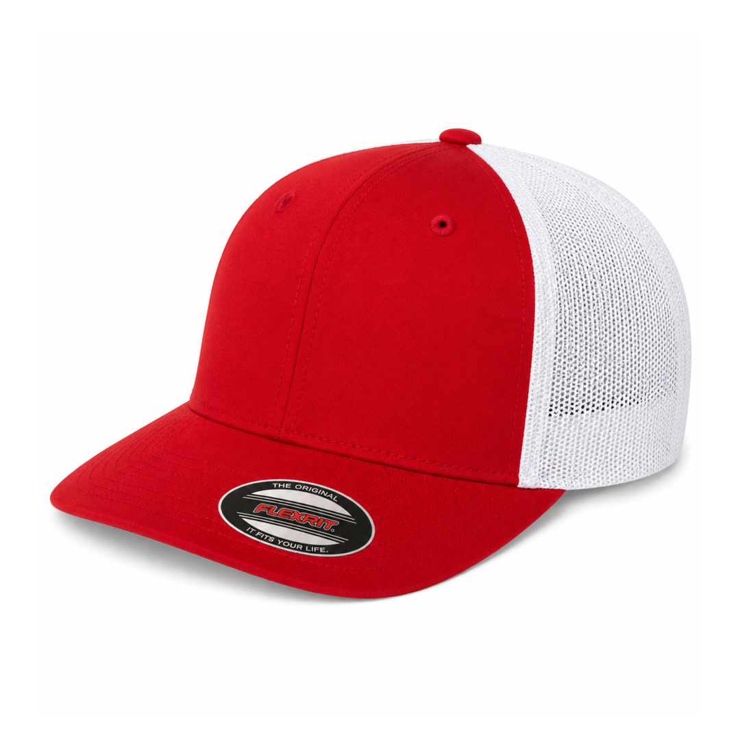 Flexfit 6511 Custom Patch Fitted Trucker Hat – Stretch-Fit Mesh Back in Red/White