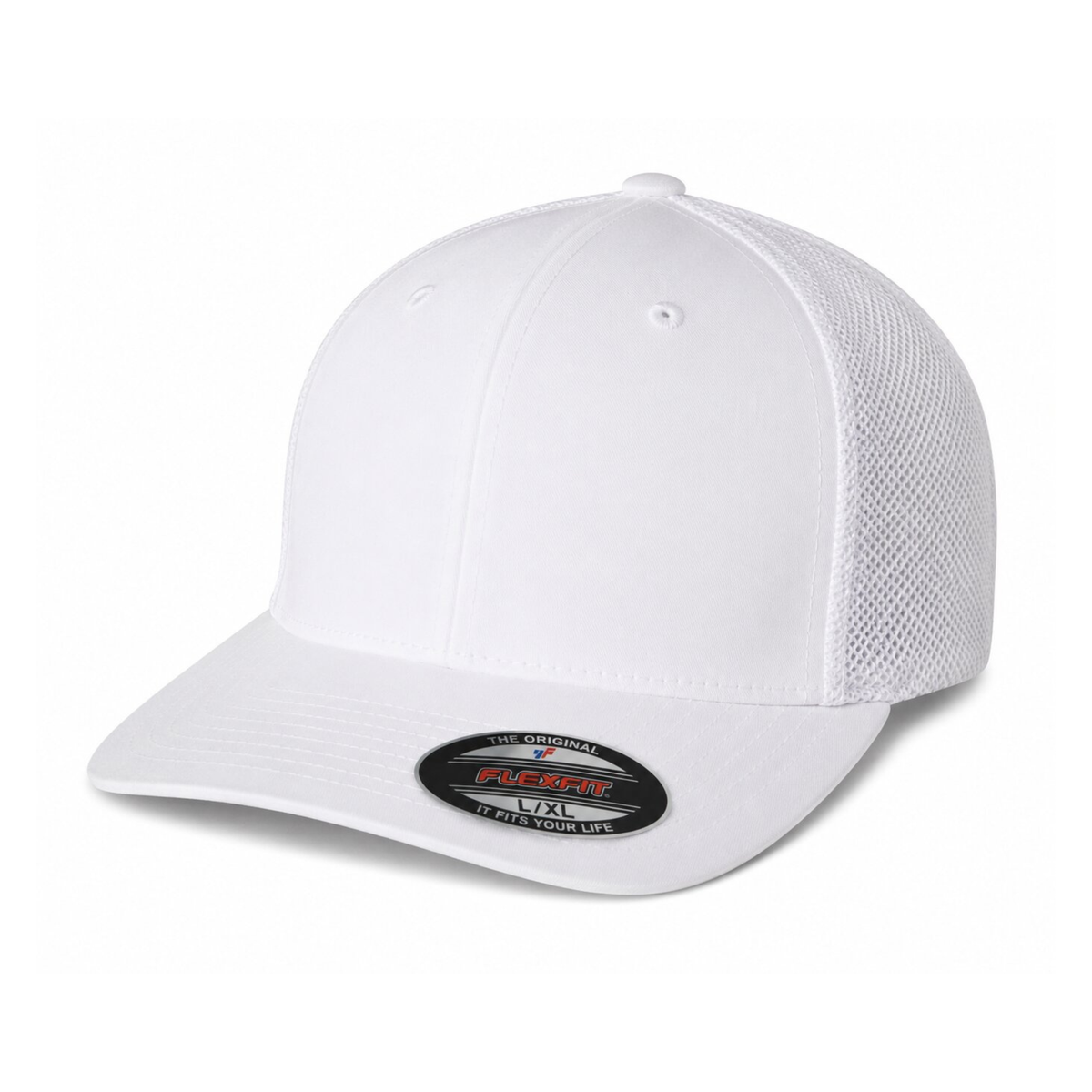 Flexfit 6511 Custom Patch Fitted Trucker Hat – Stretch-Fit Mesh Back in White