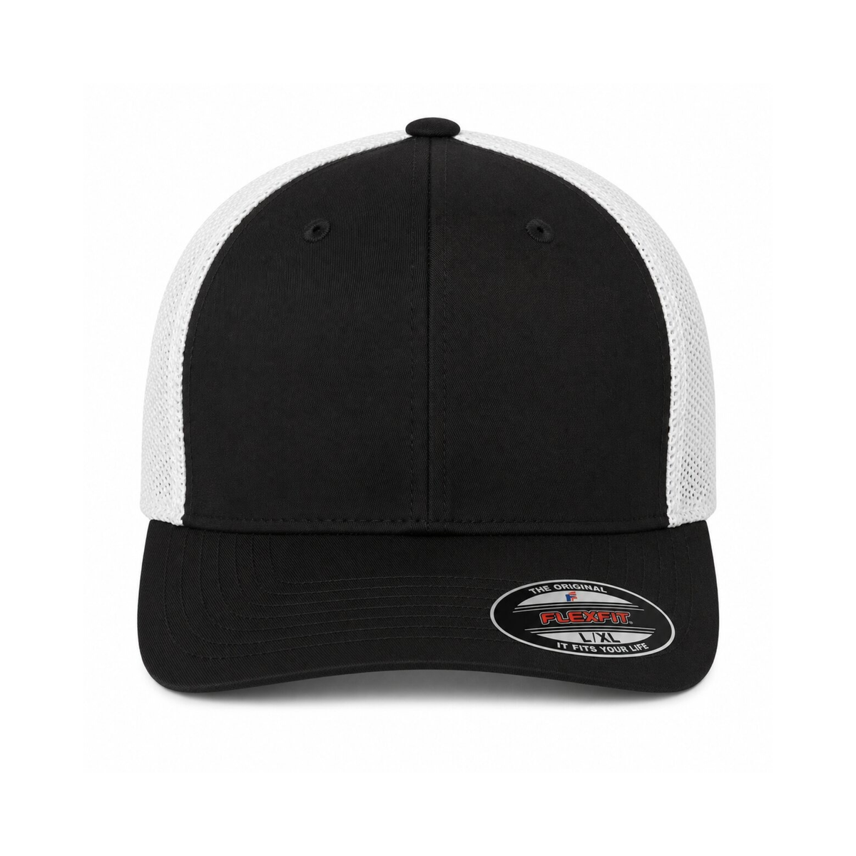 Flexfit 6511 Custom Patch Fitted Trucker Hat – Stretch-Fit Mesh Back in Black/White - view 2