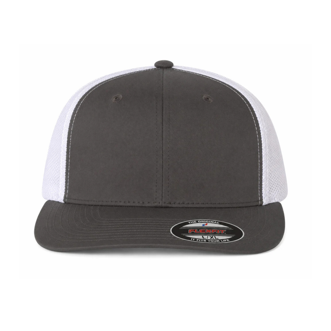 Flexfit 6511 Custom Patch Fitted Trucker Hat – Stretch-Fit Mesh Back in Charcoal/White - view 2