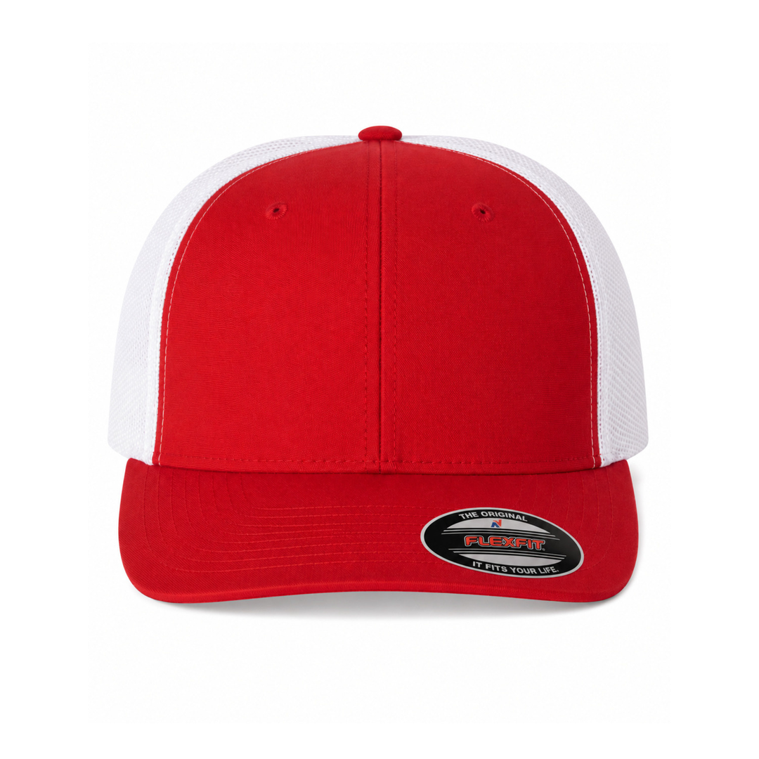 Flexfit 6511 Custom Patch Fitted Trucker Hat – Stretch-Fit Mesh Back in Red/White - view 2