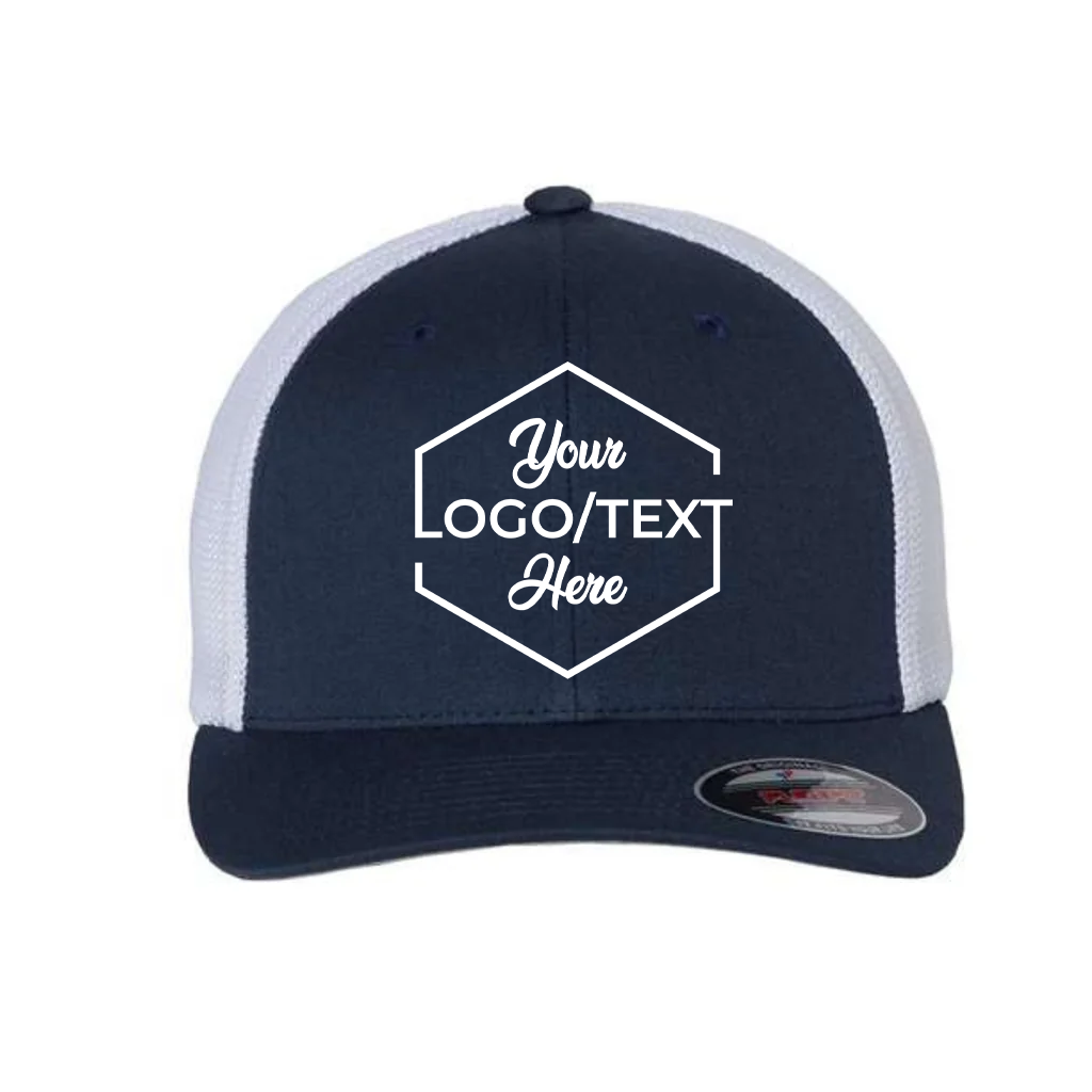 Flexfit 6511 Custom Patch Fitted Trucker Hat – Stretch-Fit Mesh Back in Navy/White - view 5