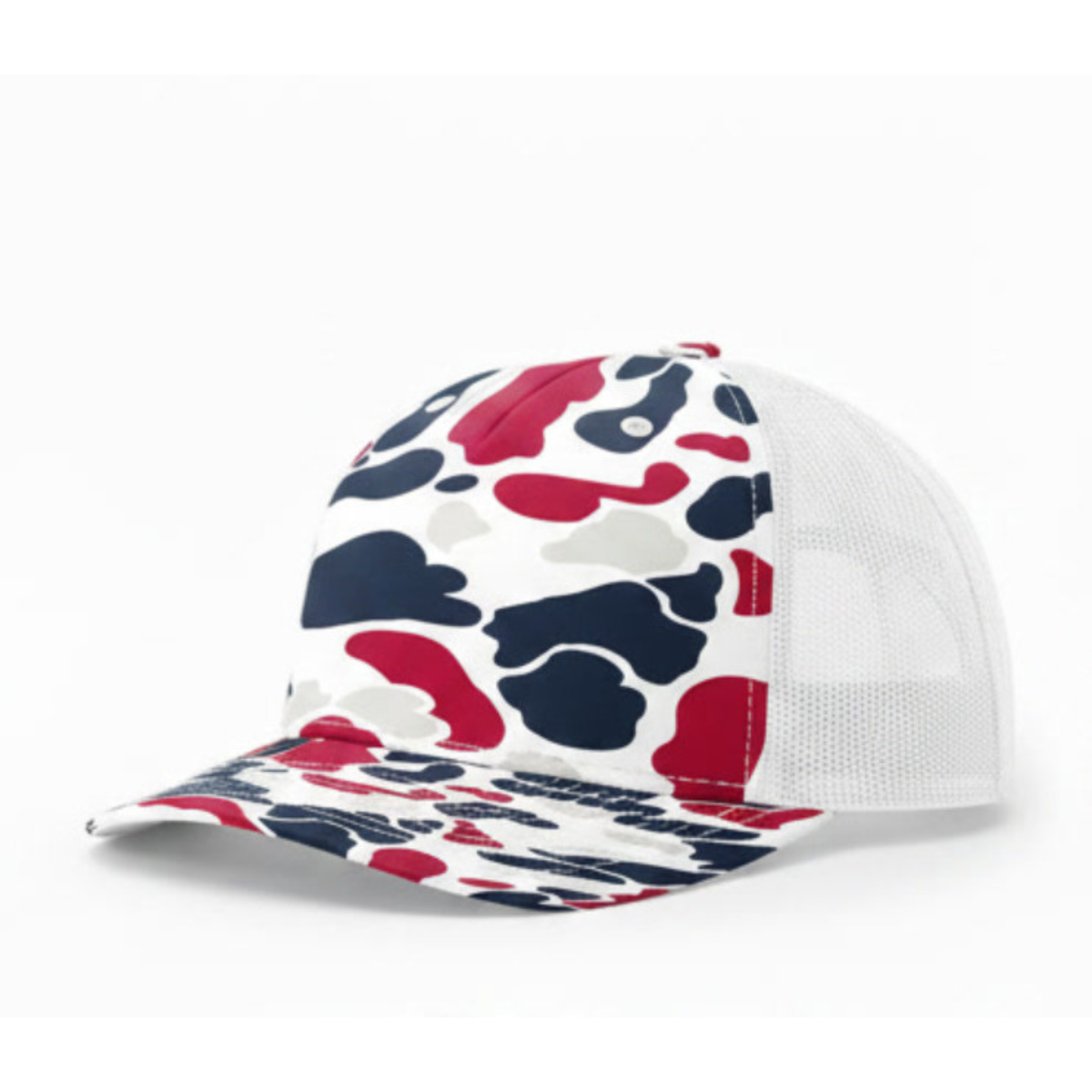 Richardson 112PFP Custom Patch Camo Trucker Hat – Mesh Back Snapback in Americana Duck Camo/White