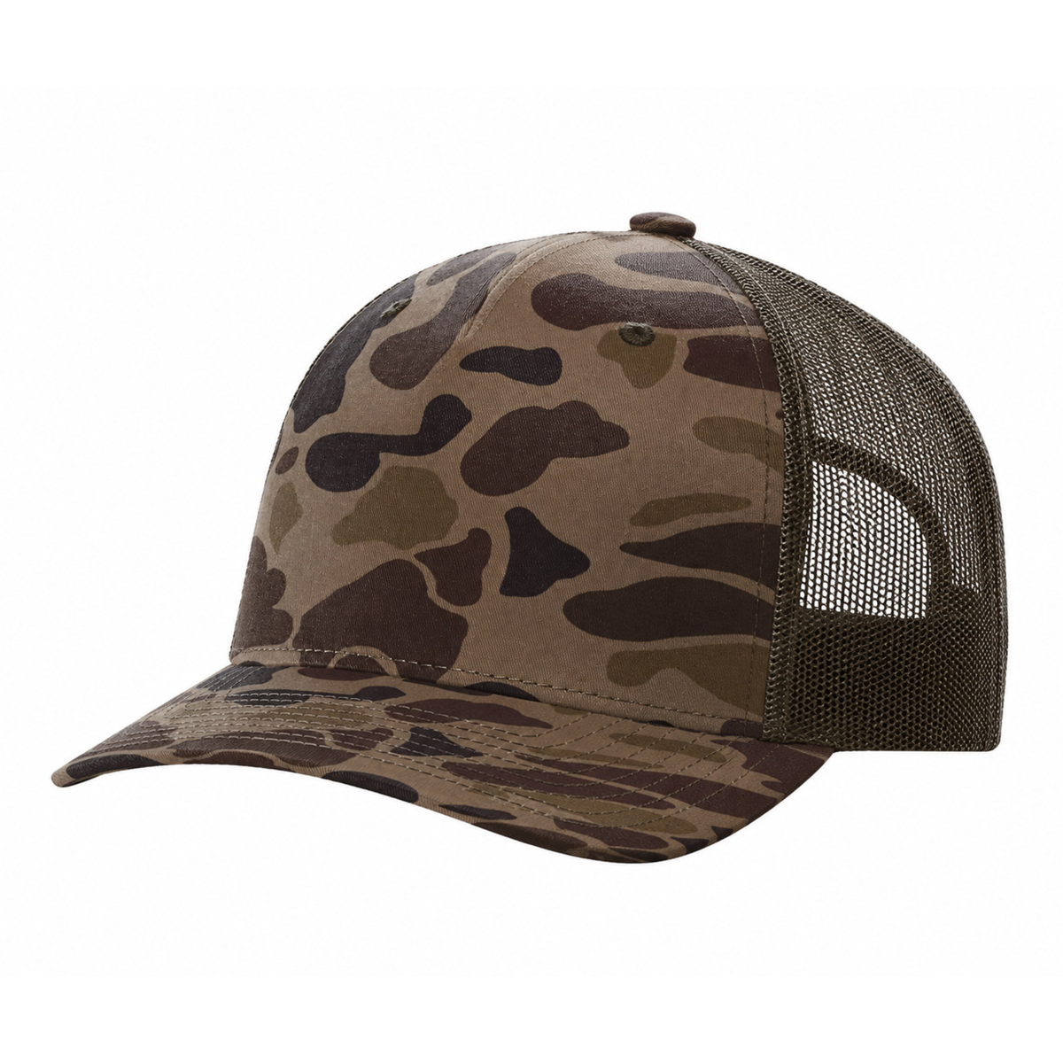 Richardson 112PFP Custom Patch Camo Trucker Hat – Mesh Back Snapback in Bark Duck Camo/Brown