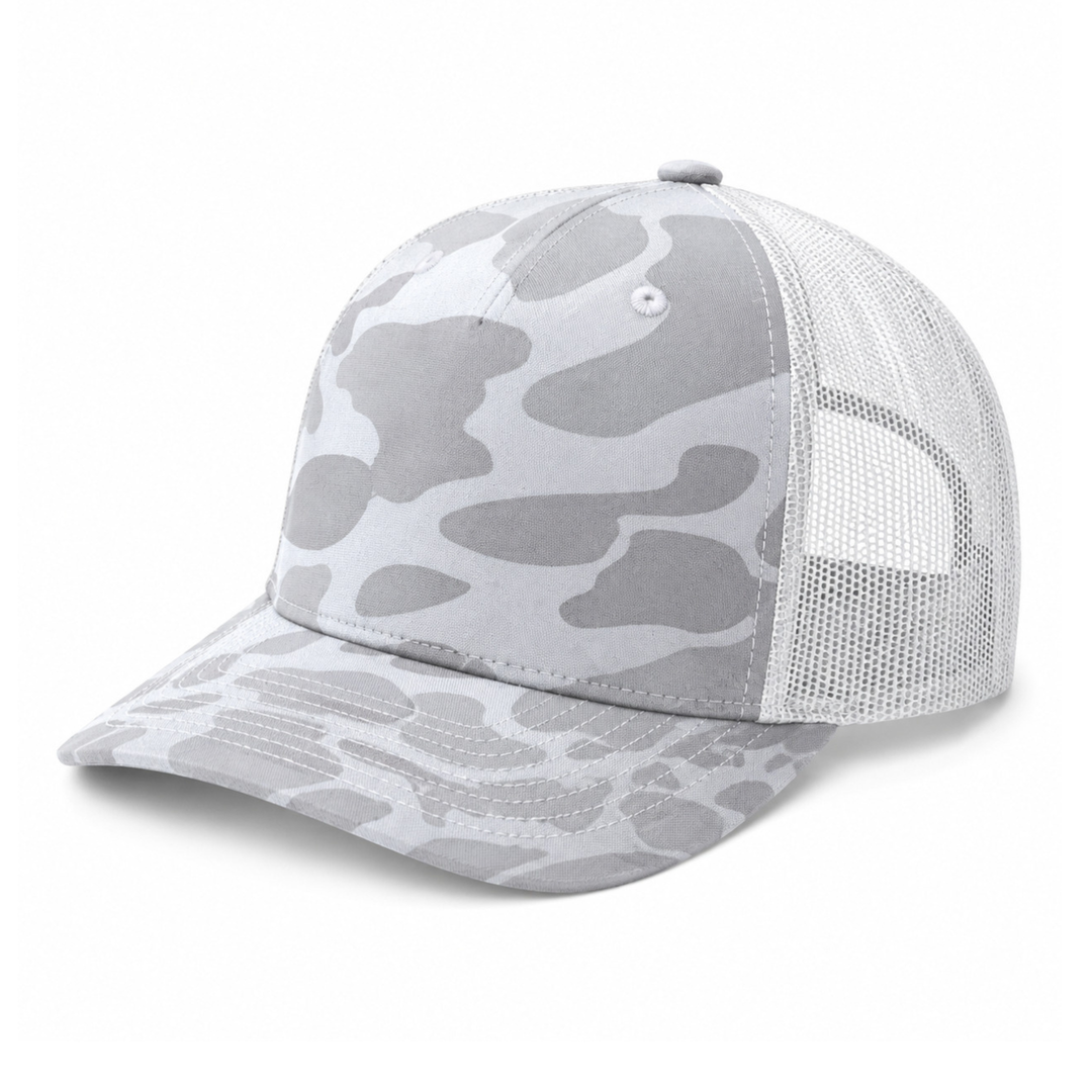 Richardson 112PFP Custom Patch Camo Trucker Hat – Mesh Back Snapback in Blizzard Duck Camo/White