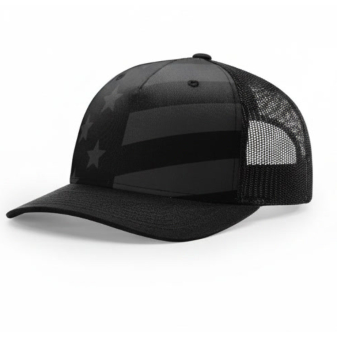 Richardson 112PFP Custom Patch Camo Trucker Hat – Mesh Back Snapback in Black Tonal/Stars and Stripes