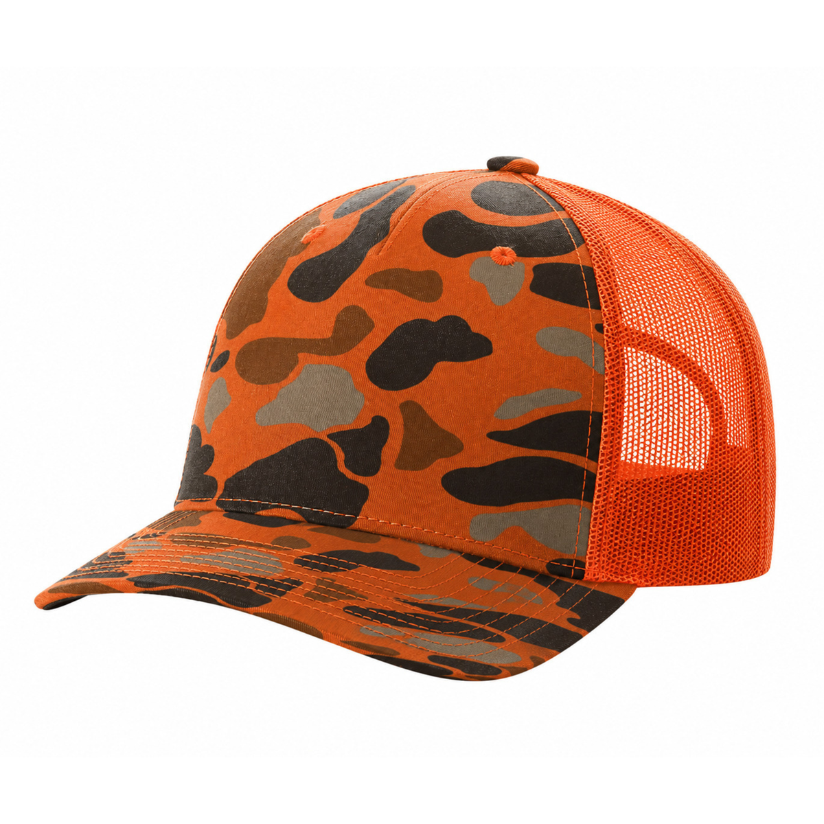 Richardson 112PFP Custom Patch Camo Trucker Hat – Mesh Back Snapback in Blaze Duck Camo/Blaze Orange