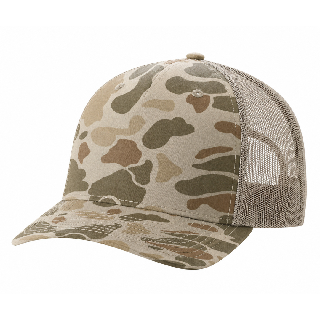 Richardson 112PFP Custom Patch Camo Trucker Hat – Mesh Back Snapback in Harvest Duck Camo/Light Tan