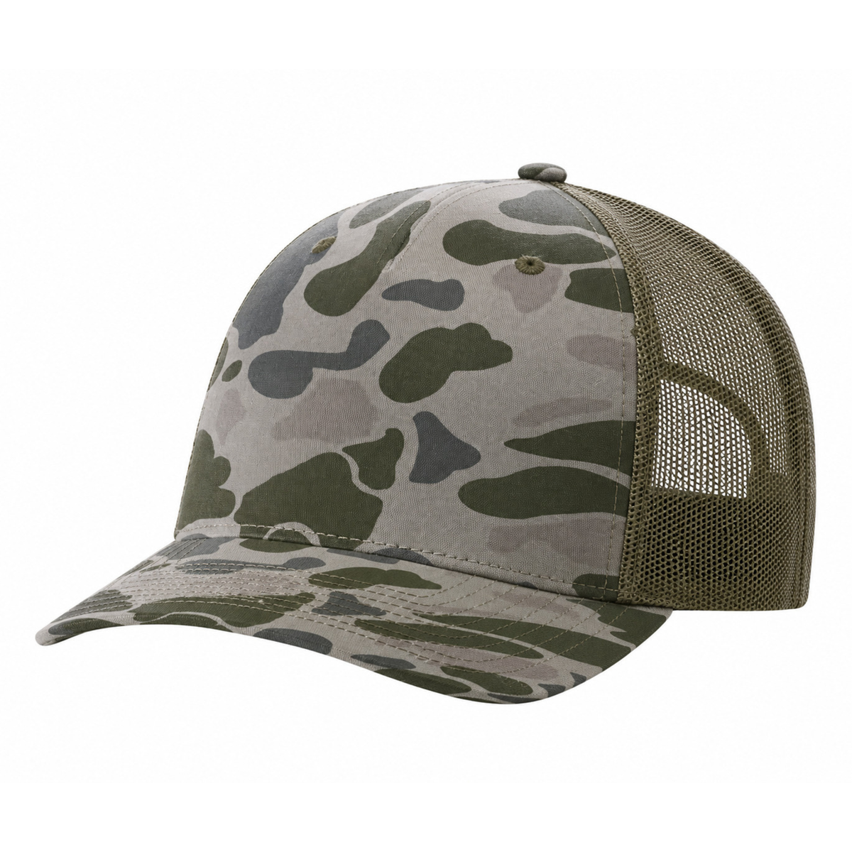 Richardson 112PFP Custom Patch Camo Trucker Hat – Mesh Back Snapback in Marsh Duck Camo/Loden