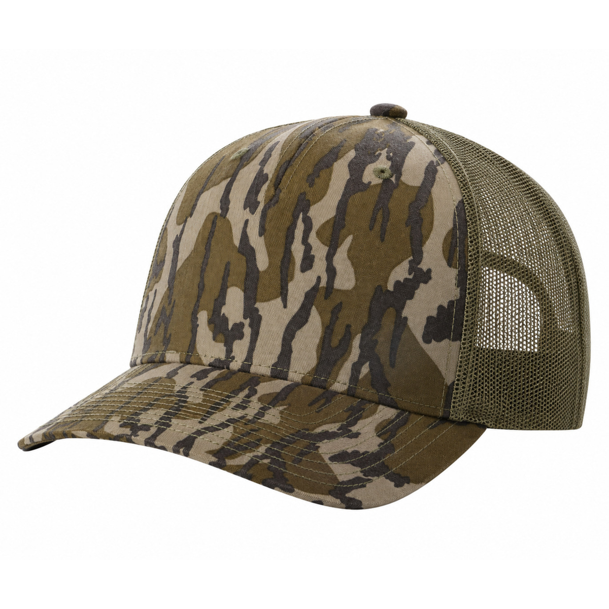 Richardson 112PFP Custom Patch Camo Trucker Hat – Mesh Back Snapback in Mossy Oak Bottomland/Loden