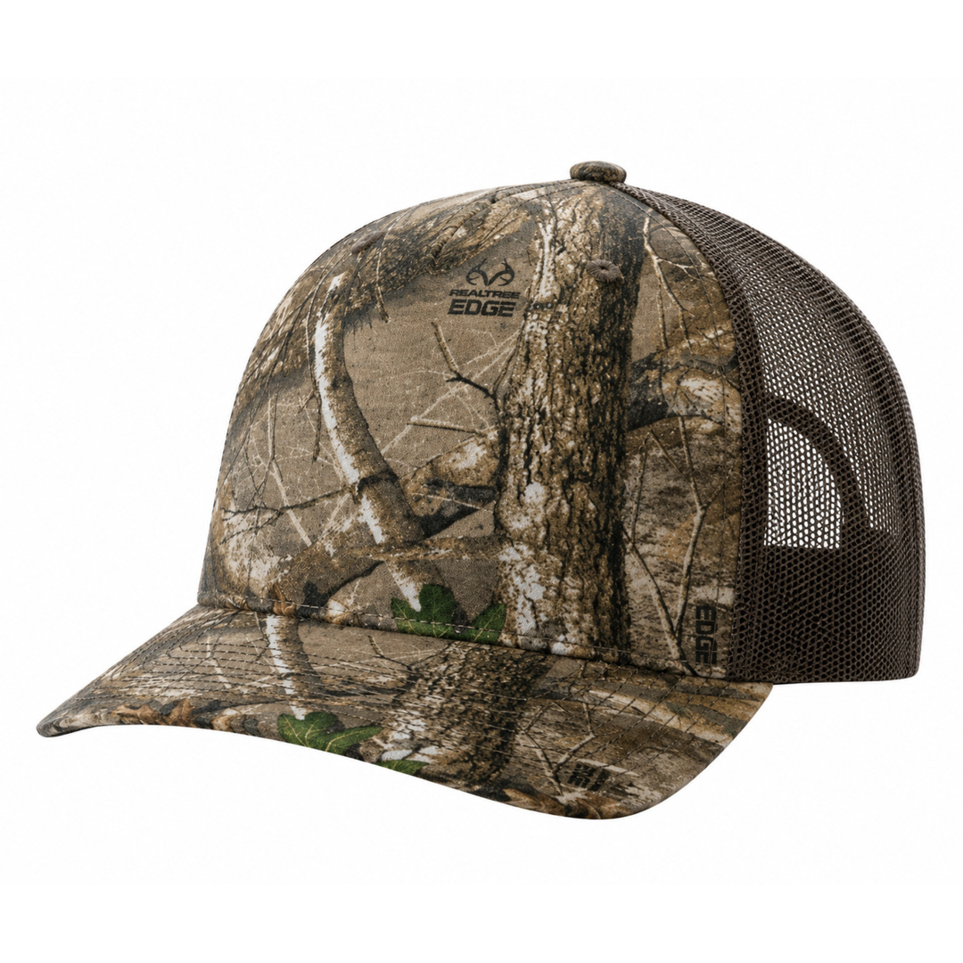 Richardson 112PFP Custom Patch Camo Trucker Hat – Mesh Back Snapback in Realtree Edge/Brown