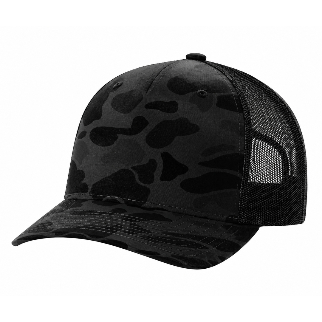 Richardson 112PFP Custom Patch Camo Trucker Hat – Mesh Back Snapback in Sable Duck Camo/Black