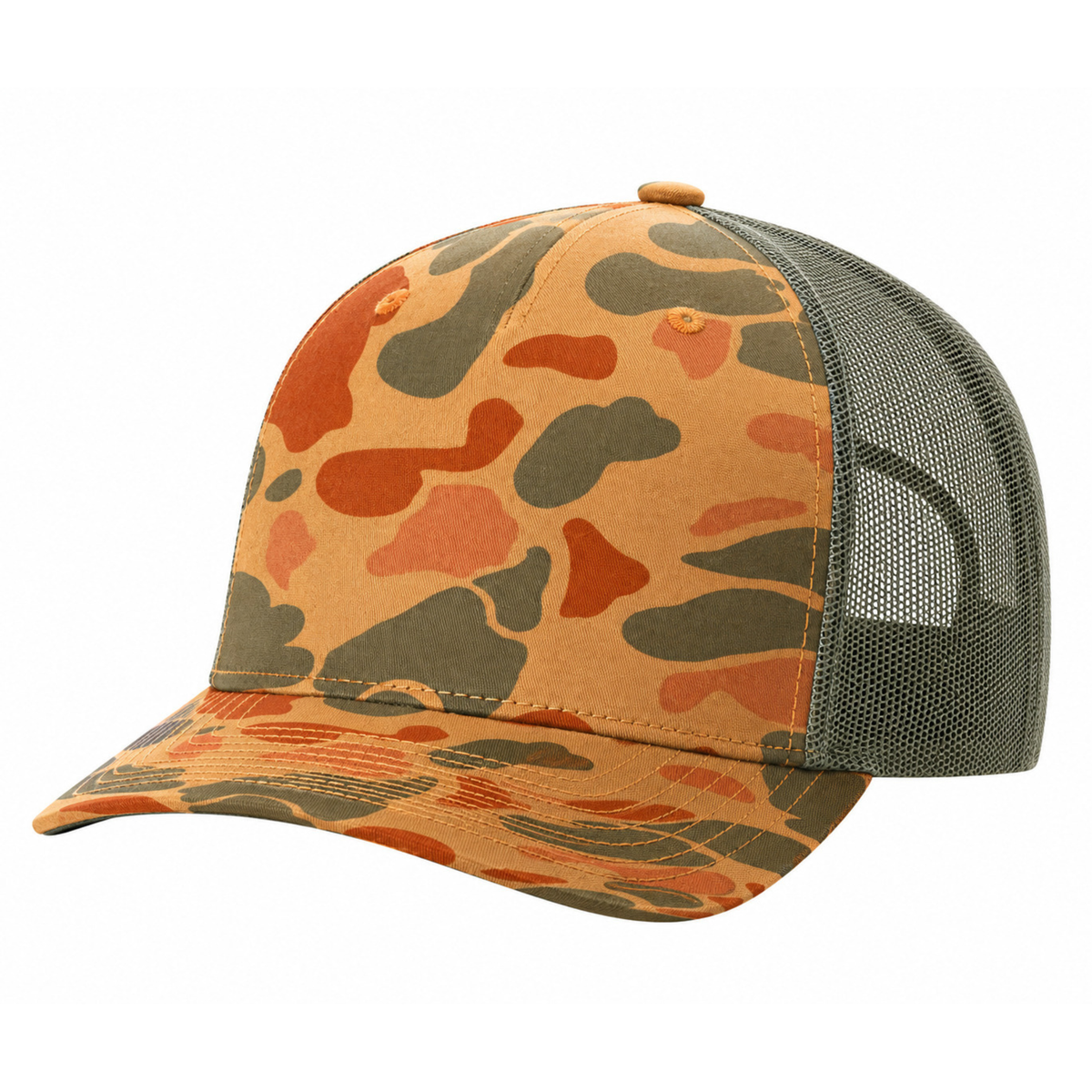 Richardson 112PFP Custom Patch Camo Trucker Hat – Mesh Back Snapback in Sienna Duck Camo/Loden