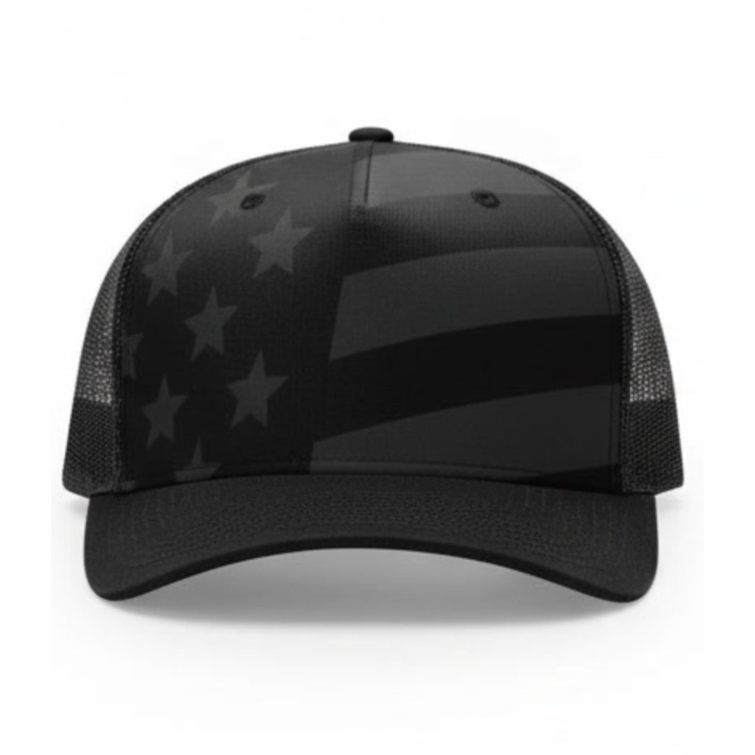 Richardson 112PFP Custom Patch Camo Trucker Hat – Mesh Back Snapback in Black Tonal/Stars and Stripes - view 2