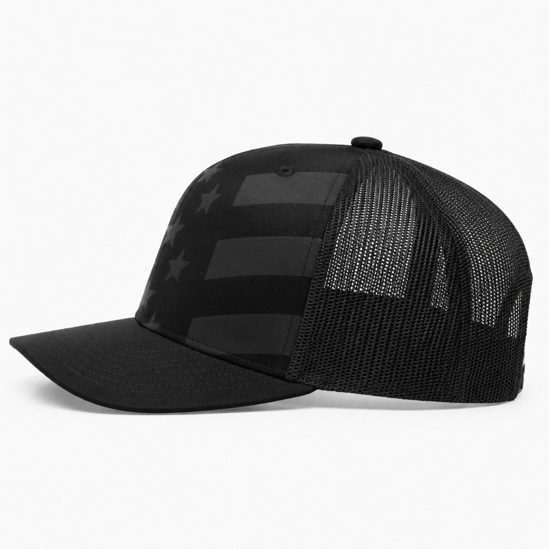 Richardson 112PFP Custom Patch Camo Trucker Hat – Mesh Back Snapback in Black Tonal/Stars and Stripes - view 3