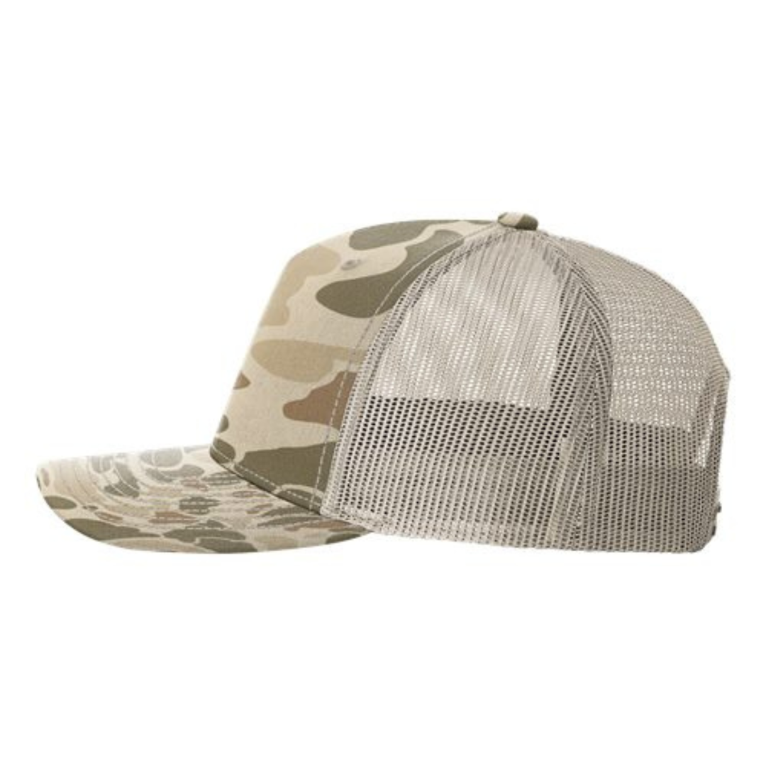Richardson 112PFP Custom Patch Camo Trucker Hat – Mesh Back Snapback in Harvest Duck Camo/Light Tan - view 3