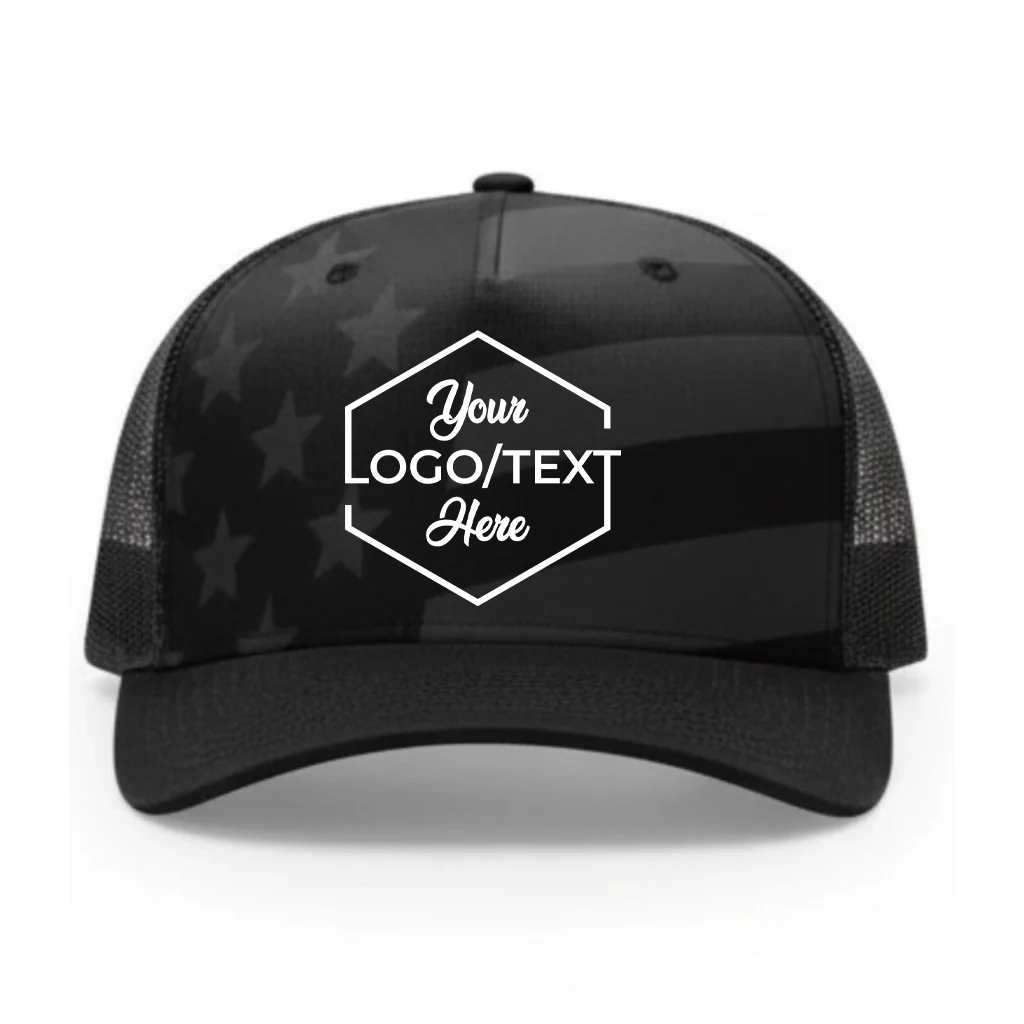 Richardson 112PFP Custom Patch Camo Trucker Hat – Mesh Back Snapback in Black Tonal/Stars and Stripes - view 4