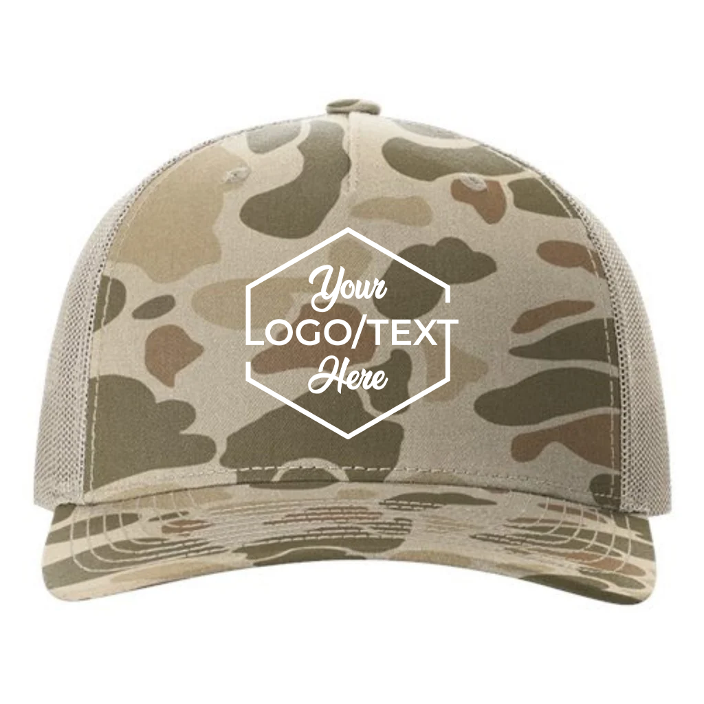 Richardson 112PFP Custom Patch Camo Trucker Hat – Mesh Back Snapback in Harvest Duck Camo/Light Tan - view 5