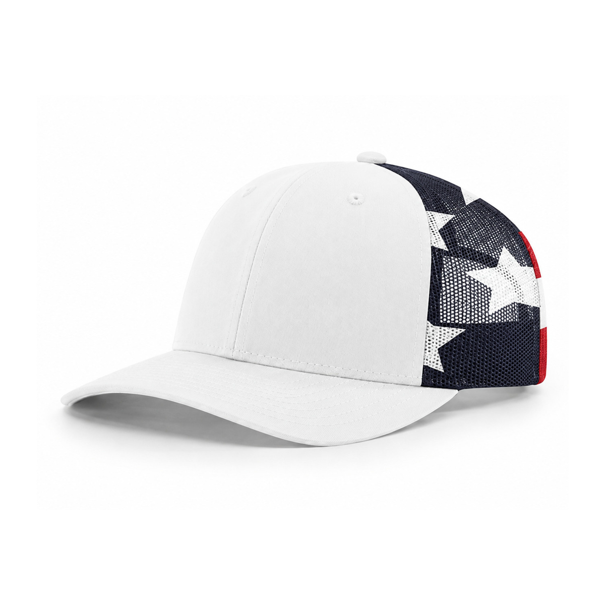 Richardson 112PM Custom Patch Printed Mesh Trucker Hat – Snapback in White/Stars & Stripes