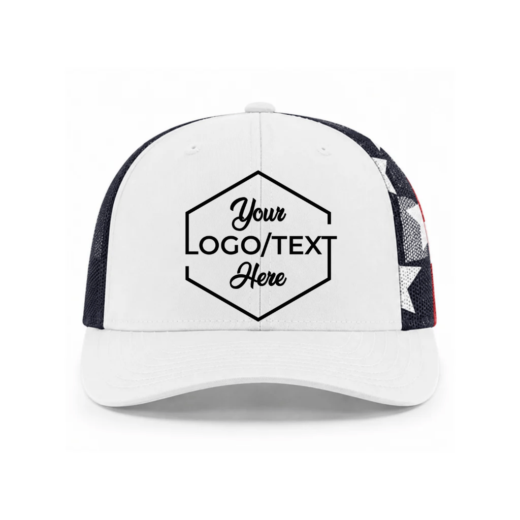 Richardson 112PM Custom Patch Printed Mesh Trucker Hat – Snapback in White/Stars & Stripes - view 5