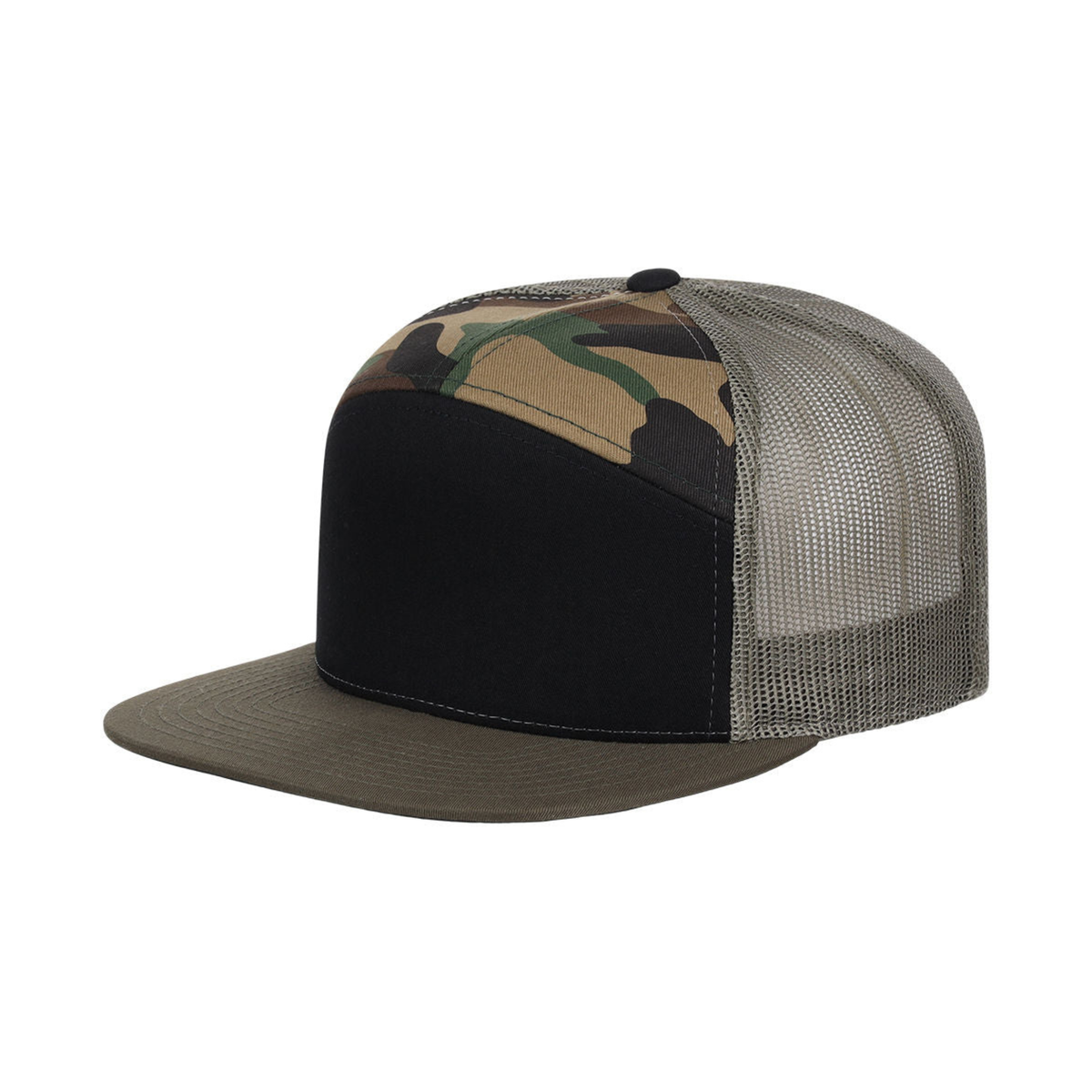 Richardson 168 Custom Patch 7-Panel Trucker Hat – High Profile Flat Bill in Black/Camo