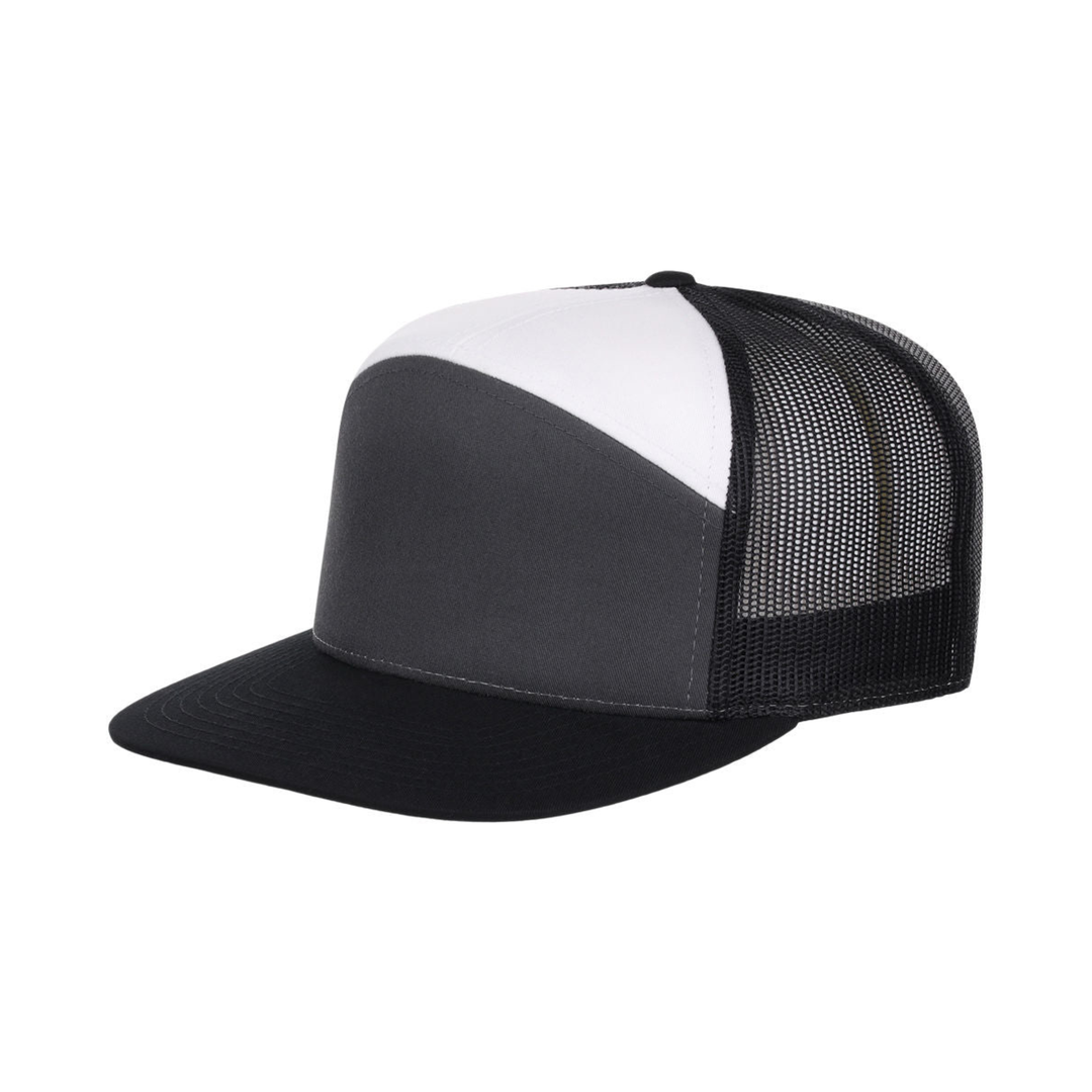 Richardson 168 Custom Patch 7-Panel Trucker Hat – High Profile Flat Bill in Charcoal/Black/White