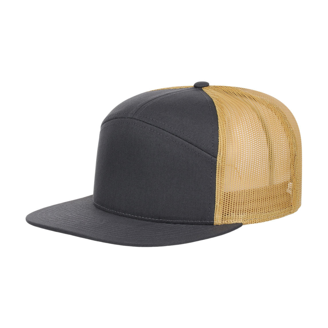 Richardson 168 Custom Patch 7-Panel Trucker Hat – High Profile Flat Bill in Charcoal Gold